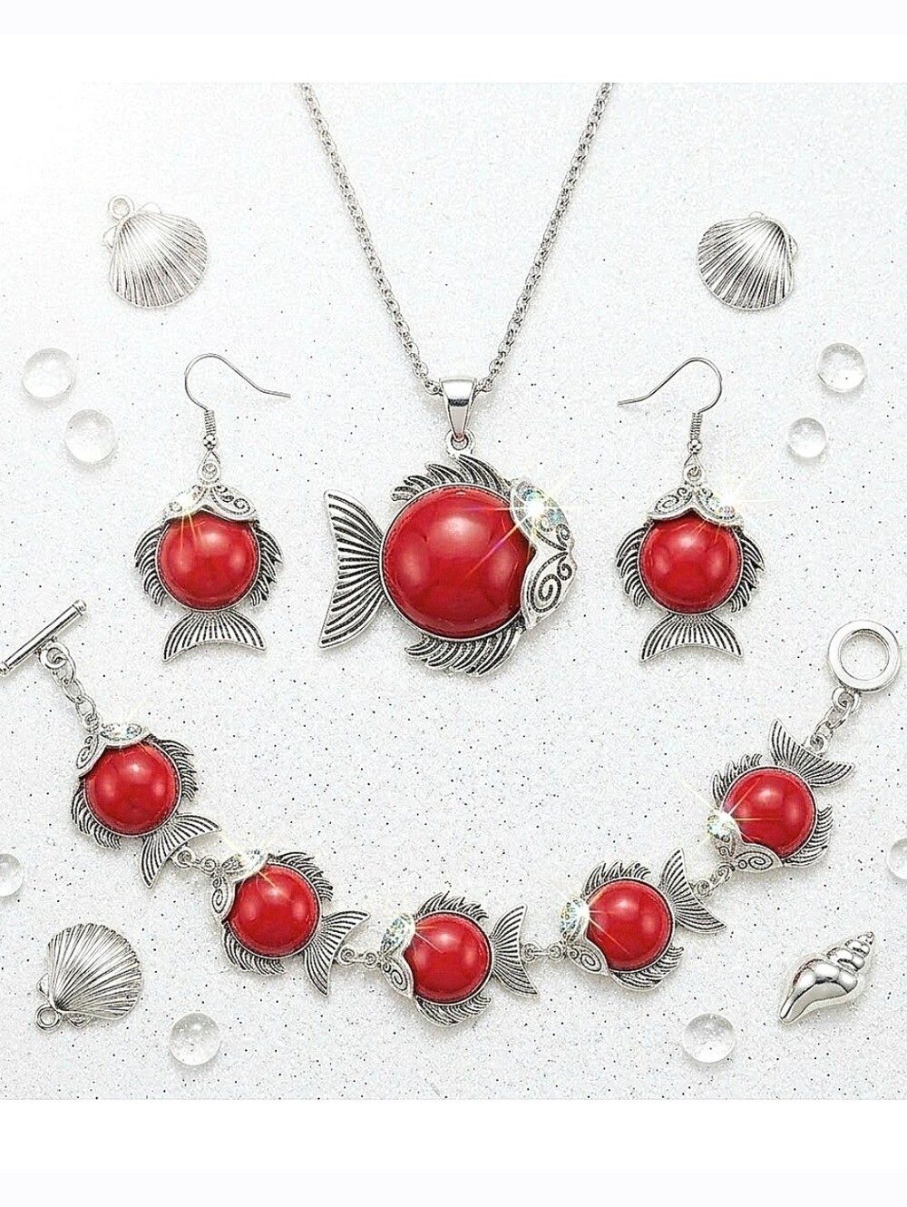 Silver red crystal stone fish necklace earring bracelet set